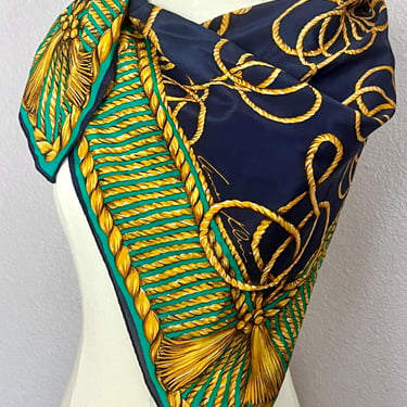 Large Silk Scarf, Anne Klein, Rope Pattern, Tassel Print Foulard, Navy, Gold, Jade Green, Vintage 90s 00s 