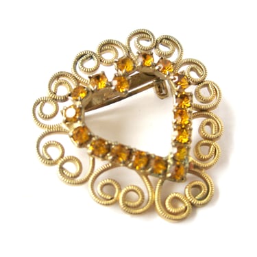 Vintage Heart Shaped Rhinestone Brooch in Wire Setting, Sparkly Golden Rhinestones, Sweetheart Pin, Valentine Gift, Costume Jewelry 