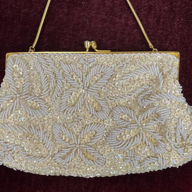 white bead evening purse vintage iridescent seed beaded handbag 