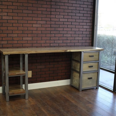 Desk with 3 Drawers and Shelves, Wood Metal Desk, Executive Desk, Solid Wood steel, Industrial Rustic Office Desk, Modern Home Office Desk 