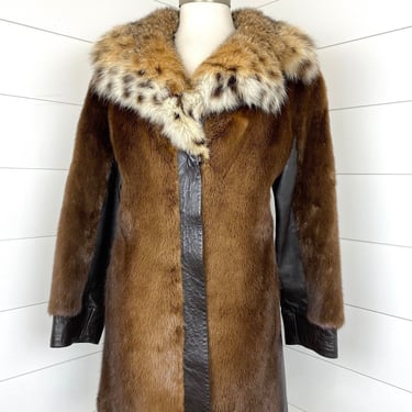 Vintage Schumacher Brown Mink Bobcat Leather Fur Jacket Coat Lined Pockets Sz M/L 