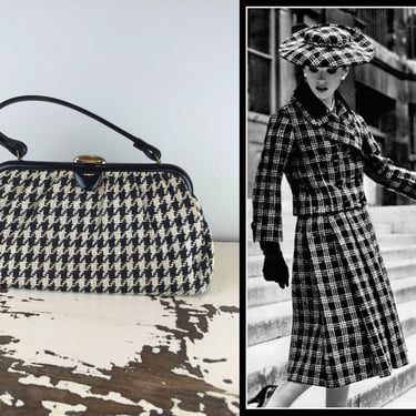 A Checkered Past - Vintage 1950s Black & White Wool Houndstooth Pattern Handbag Purse 