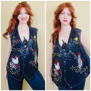 1990s Vintage The Quacker Factory Beaded Novelty Vest / 90s Navy Plus Size Chicken Sequin Tank / Size 3X 