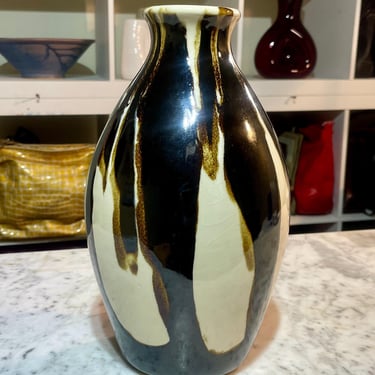 Unique Shiwan Pottery Vase - Lemax Earthtone Drip Glaze - Handmade Chinese Art Pottery - 10.5" Tall 