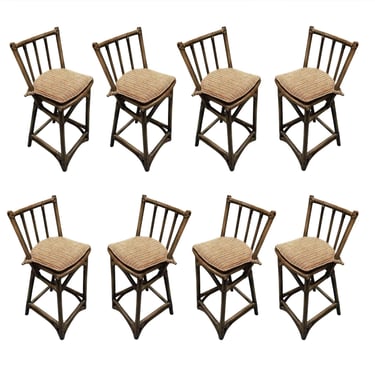 Mid Century Dark Stained Rattan Bar Stools with Stick Back, set of 8 
