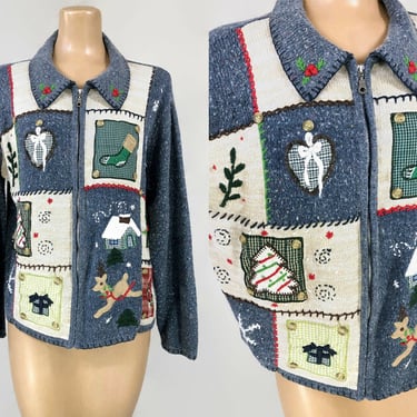 VINTAGE 90s Holiday Christmas Applique Zip Front Cardigan Sweater | 1990s Ugly Xmas Party Sweater Heather Blue | VFG 