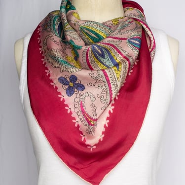 Vintage Silk Bandana Scarf | Retro Floral Pattern | Hand Rolled Edges 