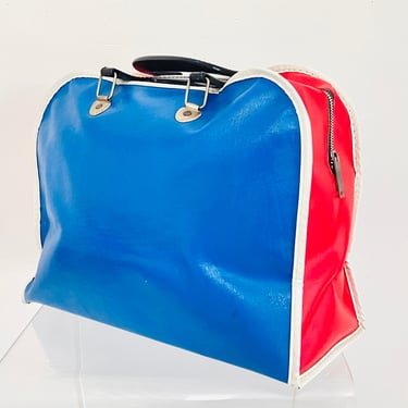 Vintage 1970s Retro High School Vinyl Duffel Tote Handle Carry Bag Gym Sport Colorblock Red White Blue 