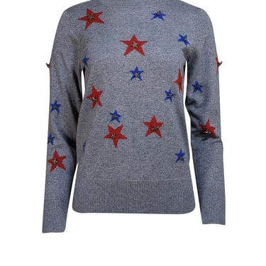 Chanel - Grey Cashmere Blend Sweater w/ Blue & Red Stars w/ Brass Logo Star Detail Sz L