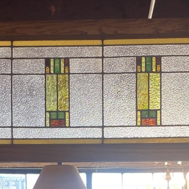 Frank LLoyd Wright Style Transom Stained Glass w Green Brown and Yellow