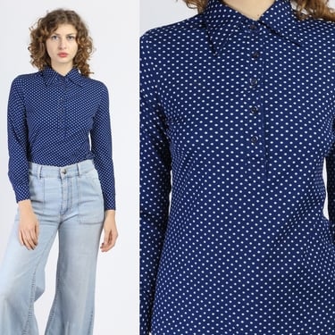 70s Blue Polka Dot Top - Small to Medium | Vintage Button Up Collared Disco Shirt 