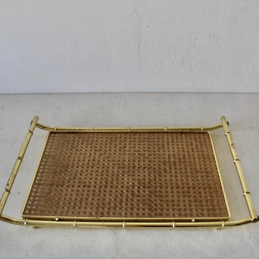 Dior Home Style Brass Gold Finish Metal Faux Bamboo Woven Cane Acrylic Cocktail Serving Tray Vintage Mid-Century Modern 