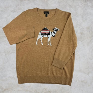 J. Crew Intarsia Cashmere Wool Camel Applique Sweater Brown Tan Pullover Soft L 