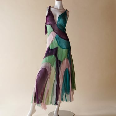 S/S 2005 Alberta Ferretti runway documented archive colourful sheer silk patchwork dress 