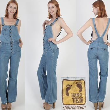 Super Model Length 70s Hang Ten Overalls / Vintage Racer Back Suspender Blue Jeans / Hippie Flare Bell Bottom Utility Jumpsuit 