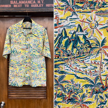 Vintage 1940’s Size L “Surfriders” Tiki Cotton Tropical Hawaiian Shirt, Rare Design, Loop Collar, 40’s Vintage Clothing 