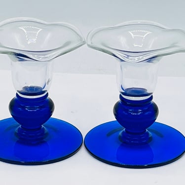 Art Deco Candle Holders Cobalt Blue and Clear Taper Candle Holders by PH 3.5