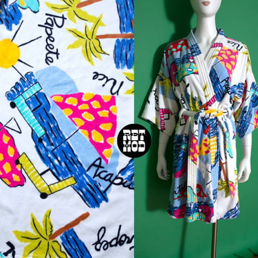 FABULOUS Vintage 80s 90s Tropical Destinations Novelty Print Terrycloth Robe 