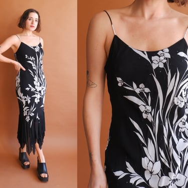 Vintage 90s Black White Floral Bias Cut Dress/ 1990s Midi Handkerchief Hem Beaded Dress/ Size Medium 