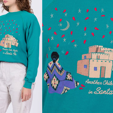 90s "Another Chile Night In Santa Fe" Chile Pepper Sweatshirt - Men's Medium, Women's Large | Vintage Teal Green Graphic Tourist Pullover 