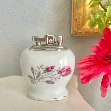 Porcelain Lighter, Pink Roses, French Provincial, Hollywood Regency, Mid Century Vintage 