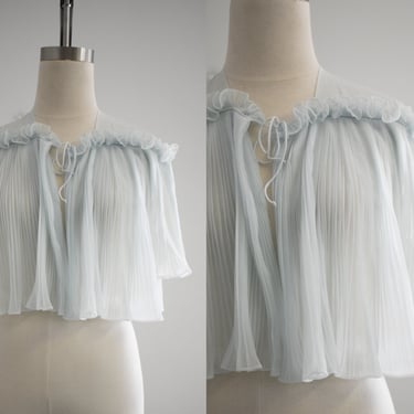 1950s/60s Vanity Fair Pale Blue Pleated Chiffon Cape-Style Bed Jacket 