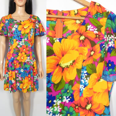 Vintage 60s/70s Cotton Bark Cloth Bold Bright Floral Mini Dress Size S/M 