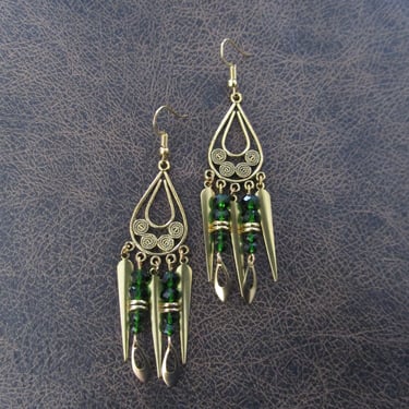 Green and gold chandelier earrings, gypsy crystal dangle earrings 