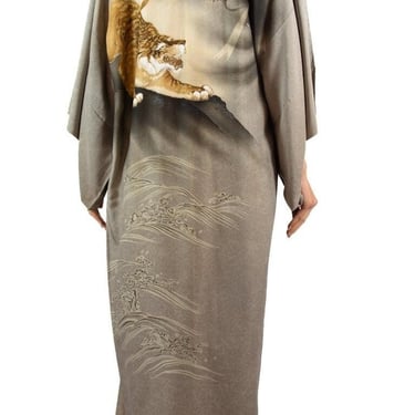 1950S Oyster Grey  Navy Silk Hand-Painted Tiger Robe 