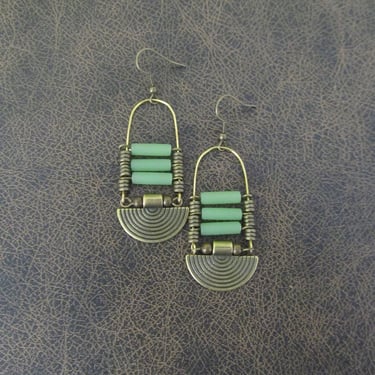 Sea green glass earrings, chandelier earrings, statement earrings, bold earrings, etched brass earrings, tribal ethnic earrings, chic 