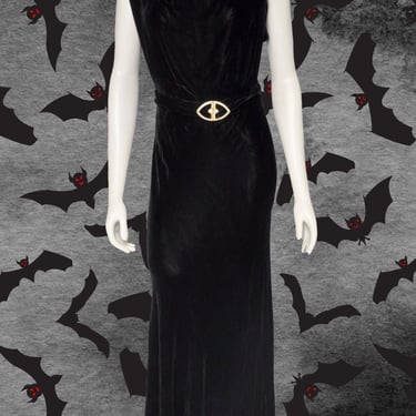 1930s black silk velvet bias cut dress with belt M 