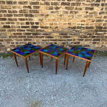Vintage Jon Matin Foil Under Glass Mosaic Tile Nesting Tables Set of 3 