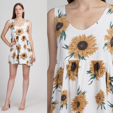 90s Sunflower Pinafore Mini Dress - Large | Vintage Grunge White Floral Sleeveless Sundress 