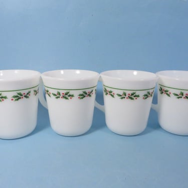 Vintage Holly Days Milk Glass Christmas Mugs - Corning Ware D Handle Christmas Mugs 