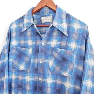 70s flannel shirt / vintage plaid flannel / 1970s faded blue plaid cotton flannel long sleeve button up shirt Large 