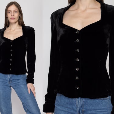 Small 90s Anne Klein Black Velvet Sweetheart Neck Blazer Top | Vintage Silk Rayon Jeweled Button Formal Jacket Shirt 