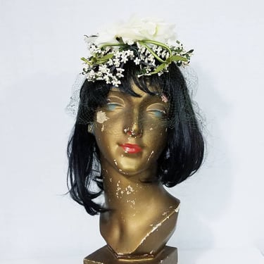 1950's White Floral Headpiece Hat with Green Veil I I. Magnin I Therese Ahrens 