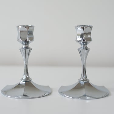 Vintage Large Chrome Metal Candlestick Set 