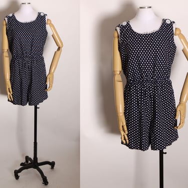 1950s 1960s Navy Blue and White Polka Dot Sleeveless One Piece Snap Crotch Leisure Loungewear Lingerie Romper by Sherry Lynn -XL 