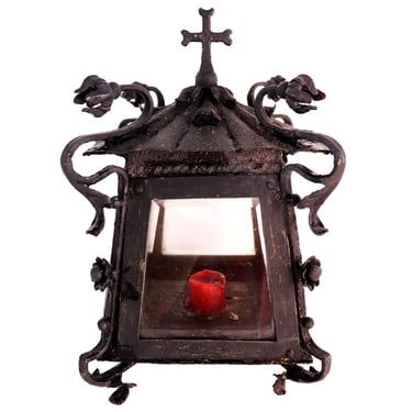 1860's Antique French Wrought Iron and Beveled Glass Candle Table Lantern 