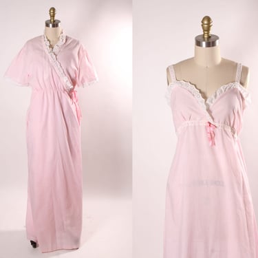 1970s Pink and White Eyelet Lace Strap Full Length Night Gown with Matching Full Length Robe Two Piece Lingerie Peignoir Set -M 