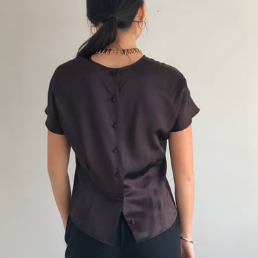 90s silk charmeuse back button blouse / vintage chocolate brown liquid silk charmeuse button back capped dolman sleeve blouse | Small 