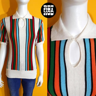 Unique Vintage 60s 70s White Red Green Orange Blue Stripe Short Sleeve Knit Top with Keyhole Collar 