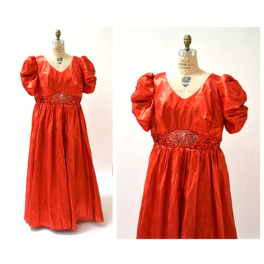 Metallic 80s Prom Dress Size Large XL Red Orange Metallic // Vintage 80s Red Metallic Sequin Party Dress Mike Benet Plus Size Pageant Dress 