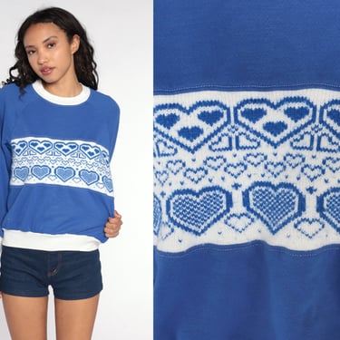 Heart Sweatshirt Blue Sweater 80s Novelty Slouchy Kitsch Pullover Vintage 1980s Slouch Sweatshirt Crewneck Medium 