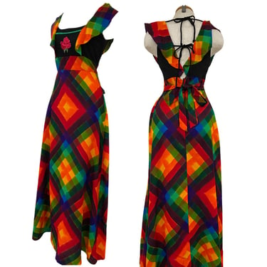 Vtg Vintage 1960s 60s OOAK Rainbow Print Flutter Sleeve Rose Appliqué Maxi Dress 