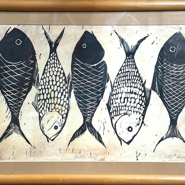 Fished In by S.F. Emory Original Framed Woodcut Block Print Signed & Dated '64 
