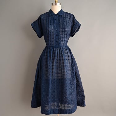 vintage 1950s Dress | Kerrybrooke Navy Blue Shirtwaist Dress | Large 