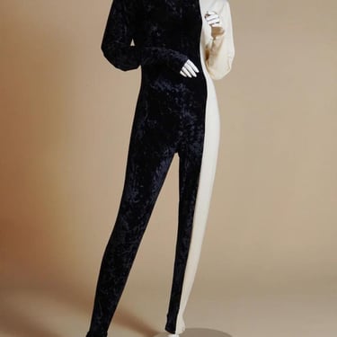 F/W 1990 Norma Kamali OMO documented runway vertical split black and white jumpsuit 