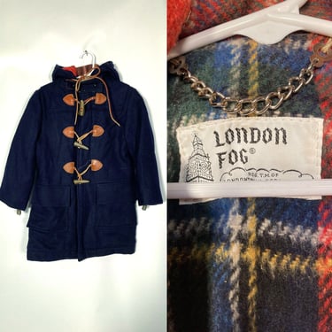 Vintage 60s Kids London Fog Heavy Winter Navy Blue Wool Hooded Toggle Parka With Mitten Clips Size 4T 